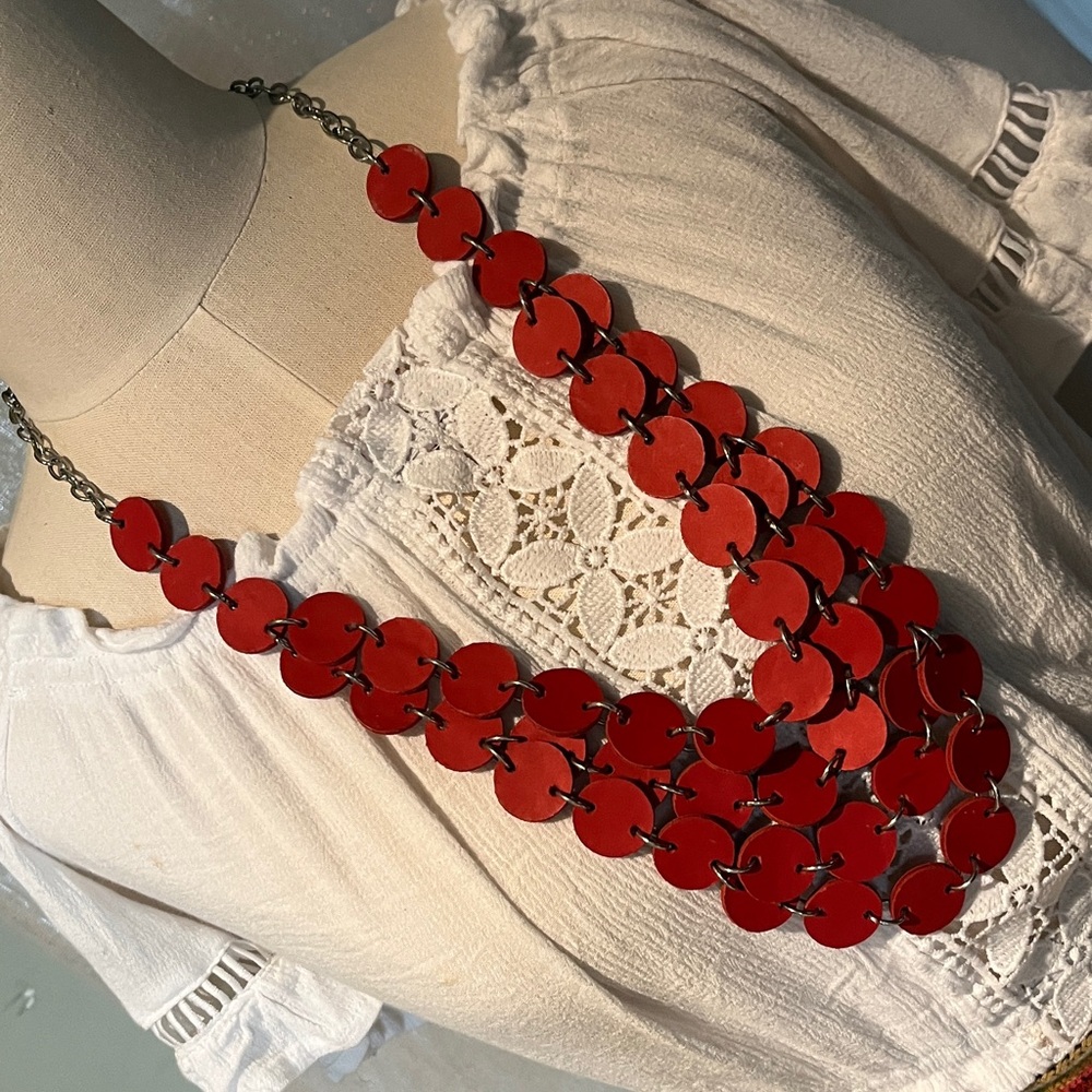 Handcrafted Red Multi-Strand Statement Necklace -… - image 1